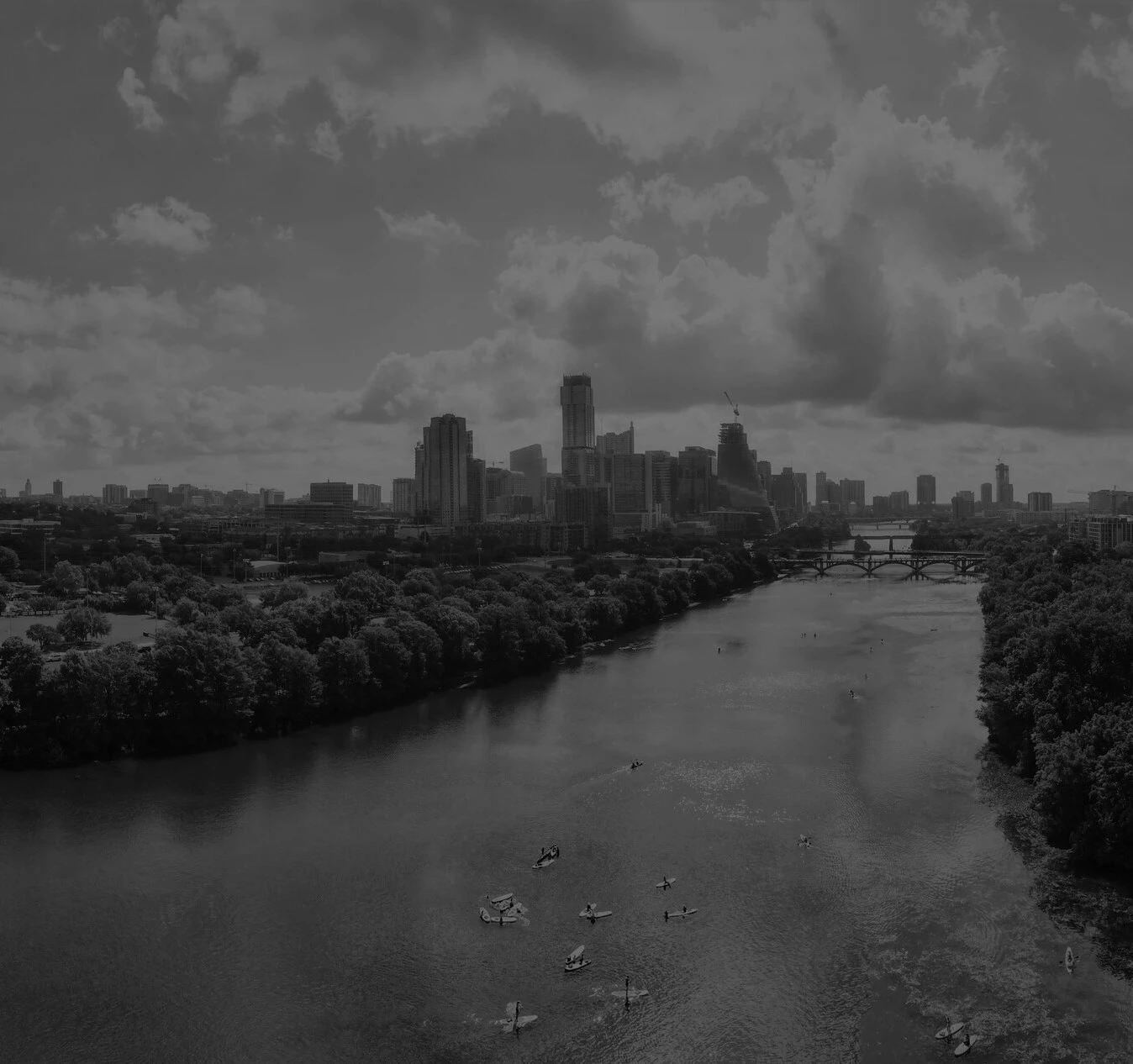 A black and white image of downtown Austin, Texas